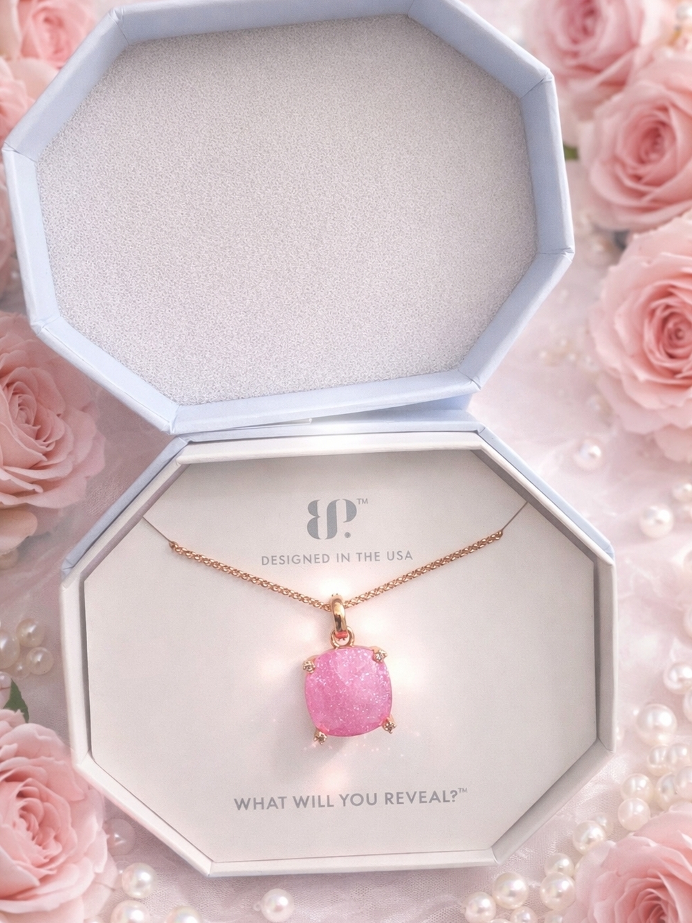 BP Pink Ice Crystal Pendant Necklace with Rose Gold Plating 18"+2.5ExtenderChain